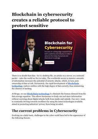 Blockchain for Cybersecurity