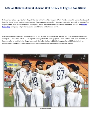 L Balaji Believes Ishant Sharma Will Be Key In English Conditions