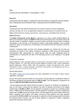 Cooking Oils and Fats Market Forecast to 2028 - COVID-19 Impact and Global