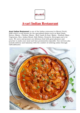 5% off – Avari Indian Restaurant Mount Druitt Menu, NSW