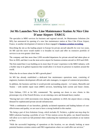 Jet Ms Launches New Line Maintenance Station At Nice Côte D'azur Airport -TARCG