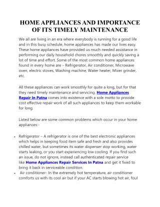 HOME APPLIANCES AND IMPORTANCE OF ITS TIMELY MAINTENANCE