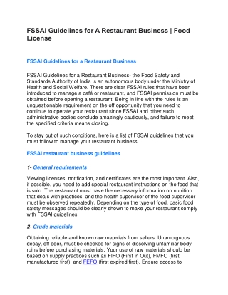 FSSAI Guidelines for A Restaurant Business | Food License
