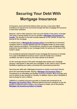 Secure your debt with an effective Mortgage Insurance Policy in Canada