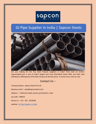 GI Pipe Supplier in India | Sapcon Steels