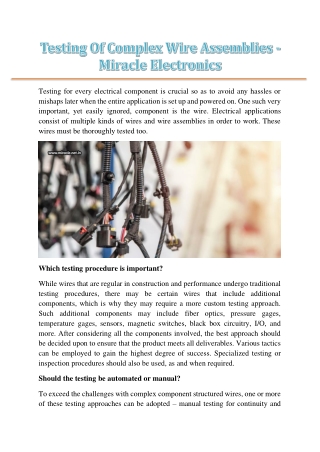 Testing Of Complex Wire Assemblies - Miracle Electronics