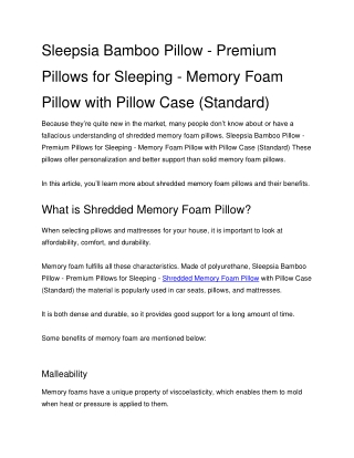 Sleepsia Bamboo Pillow - Premium Pillows for Sleeping - Memory Foam Pillow with