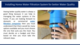 Installing Home Water Filtration System for better Water Quality