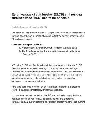 Earth leakage circuit breaker (ELCB) and residual current device (RCD) operating