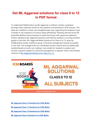 Get ML Aggarwal solutions for class 6 to 12 in PDF format