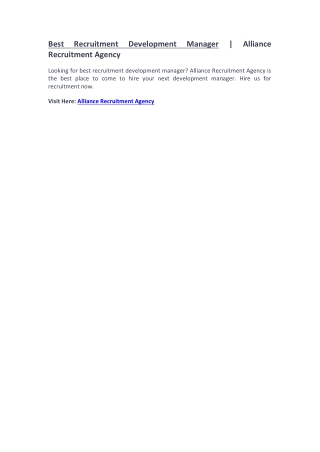 Recruitment Development Manager - Alliance Recruitment Agency