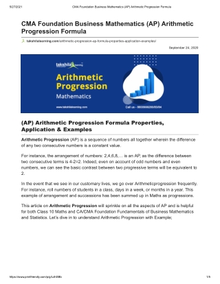 CMA Foundation Business Mathematics Arithmetic Progression Formula pdf