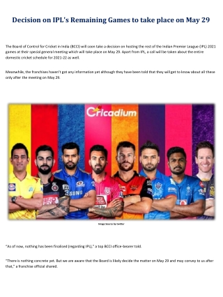 Decision on IPL's Remaining Games to take place on May 29