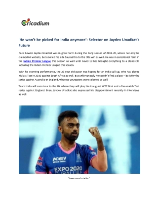 He wos not be Picked for India Anymore Selector on Jaydev Unadkat's Future