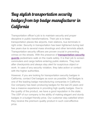 Buy stylish transportation security badges from top badge manufacturer in California
