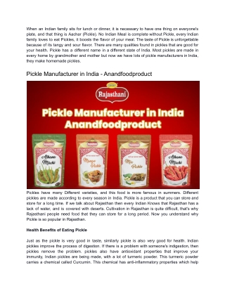 Pickle Manufacturer in India - Anandfoodproduct