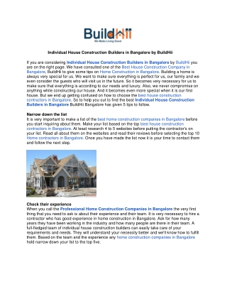 Individual House Construction Builders in Bangalore by BuildHii
