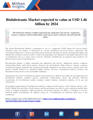 Biolubricants Market expected to value at USD 1.46 billion by 2024