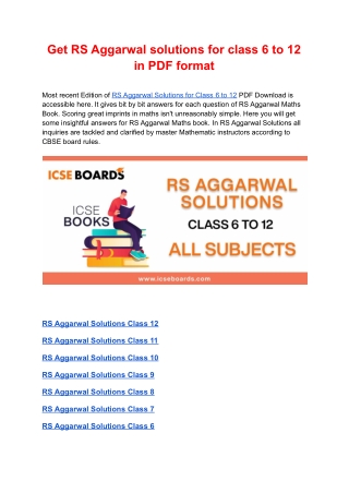 Get RS Aggarwal solutions for class 6 to 12 in PDF format