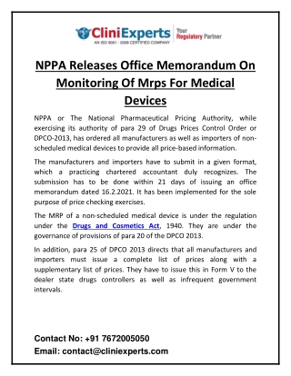NPPA Releases Office Memorandum On Monitoring Of Mrps For Medical Devices