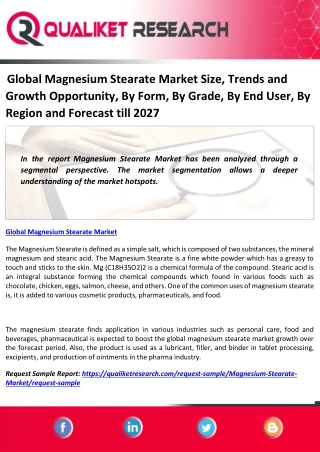 Global Magnesium Stearate Market Size, Trends and Growth Opportunity, By Form, By Grade, By End User, By Region and Fore