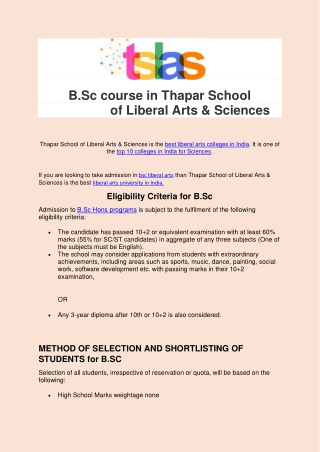B.Sc course in Thapar School of Liberal Arts & Sciences