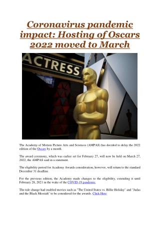 Coronavirus pandemic impact Hosting of Oscars 2022 moved to March