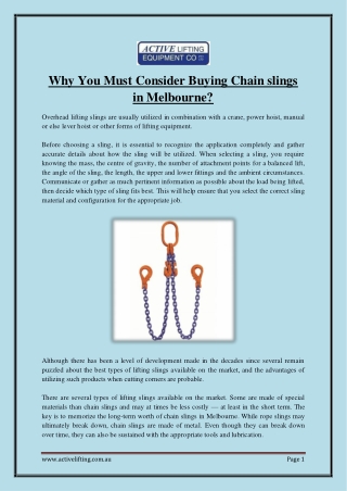 Why You Must Consider Buying Chain slings in Melbourne