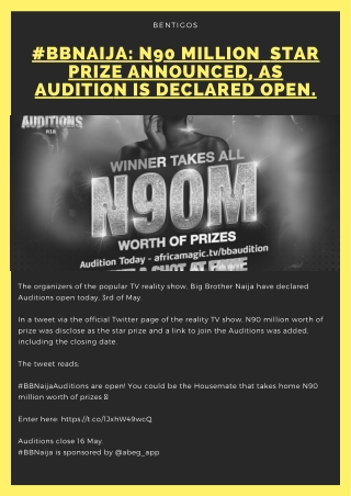 #BBNaija N90 Million  Star Prize Announced, As Audition Is Declared Open.