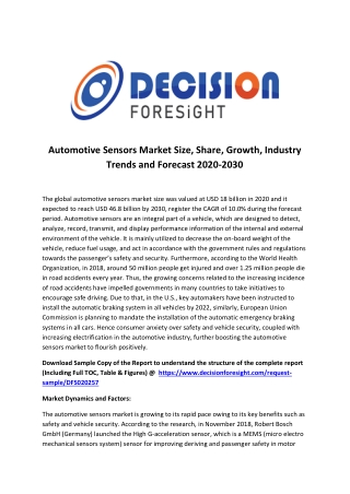 Automotive Sensors Market Analytical Overview, Growth Factors, Demand and Trends Forecast to 2030
