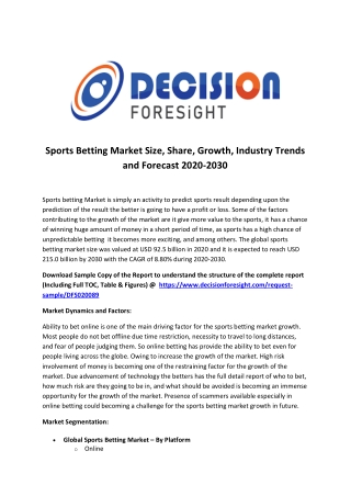 Sports Betting Market Size, Industry Analysis, Segments, Top Key Players, Drivers and Trends to 2030