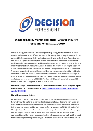 Waste To Energy Market Report 2020, Trends, Opportunities, Competitive Landscape and Forecast 2030