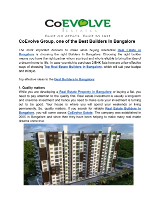 CoEvolve Group, one of the Best Builders In Bangalore