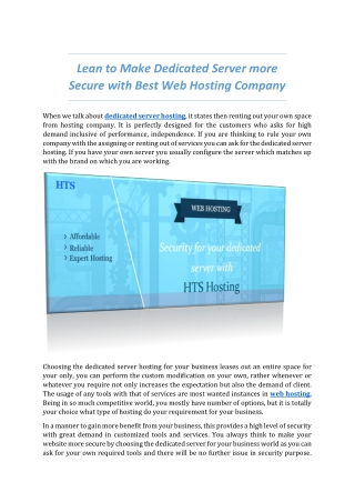 Lean to Make Dedicated Server more Secure with Best Web Hosting Company