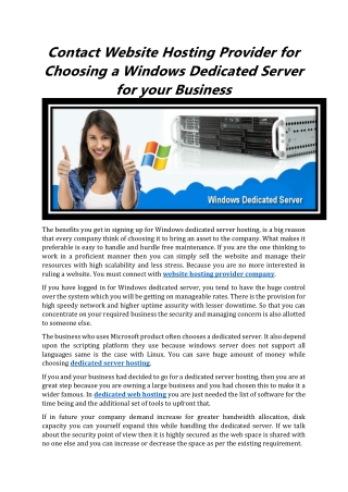 Contact Website Hosting Provider for Choosing a Windows Dedicated Server for you