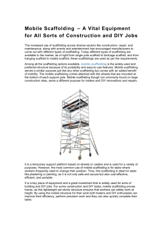 Mobile Scaffolding – A Vital Equipment for All Sorts of Construction and DIY Job