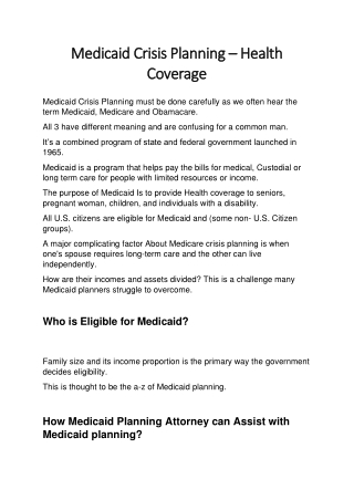 Medicaid Crisis Planning Health Coverage