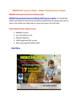 NEBOSH IGC Course in Salem – Safety Training Course in Salem