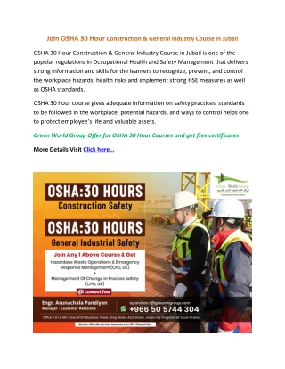 Join OSHA 30 Hour Construction & General Industry Course in Jubail