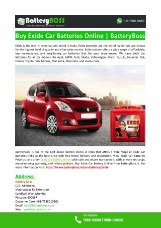 Buy Exide Car Batteries Online-BatteryBoss