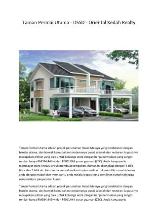 Taman Permai Utama - DSSD - Oriental Kedah Realty