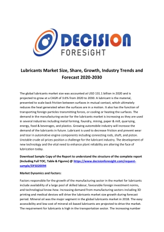 Lubricants Market Analytical Overview, Growth Factors, Demand and Trends Forecast to 2030