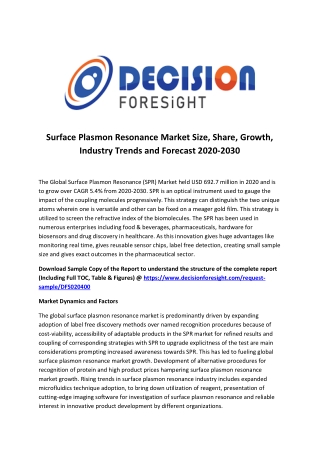 Surface Plasmon Resonance Market Report 2020, Trends, Opportunities, Competitive Landscape and Forecast 2030