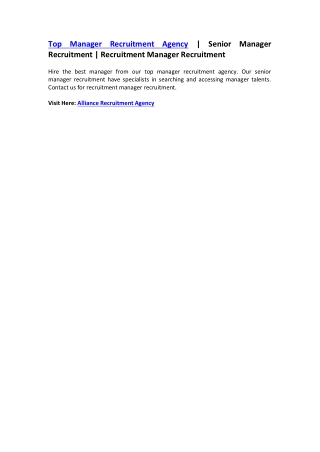 Manager Recruitment Agency - Senior Manager Recruitment - Recruitment Manager Recruitment