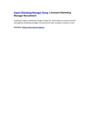 Marketing Manager Hiring - Assistant Marketing Manager Recruitment