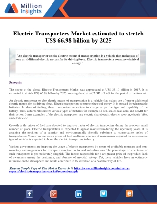 Electric Transporters Market estimated to stretch US$ 66.98 billion by 2025