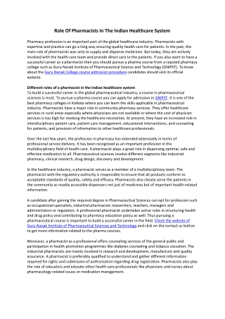 Role Of Pharmacists In The Indian Healthcare System