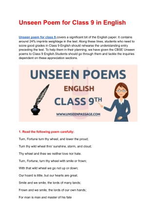 Unseen Poem for Class 9 in English