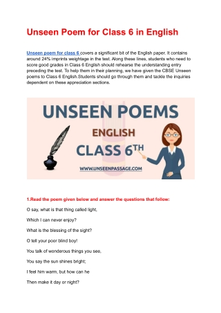 Unseen Poem for Class 6 in English