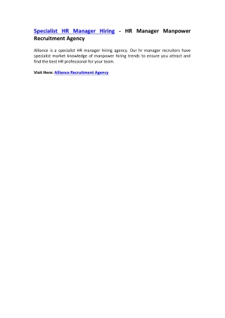 Specialist HR Manager Hiring - HR Manager Manpower Recruitment Agency